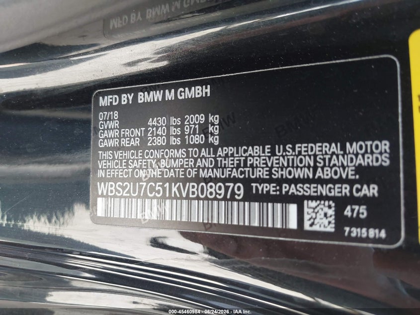 2019 BMW M2 VIN WBS2U7C51KVB08979 IAAI salvage auction — RIGHT FRONT, Salvage Title, sold $20,675 on 2026-07-15 (photo 9)