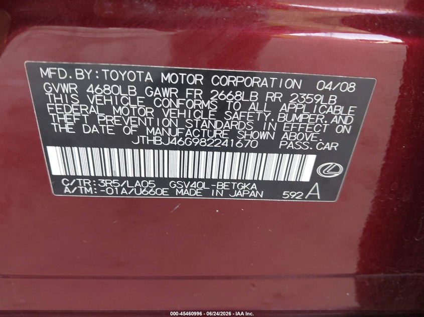 2008 Lexus Es 350 VIN JTHBJ46G982241670 IAAI salvage auction — NORMAL WEAR, Clear (Florida), sold $400 on 2026-07-14 (photo 9)