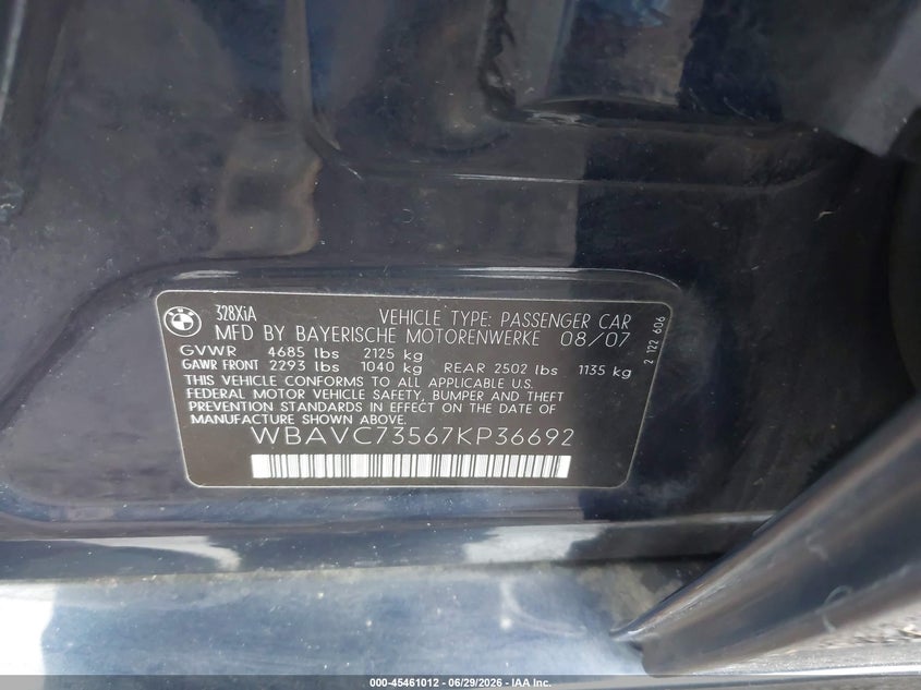 2007 BMW 3er VIN WBAVC73567KP36692 IAAI salvage auction — LEFT FRONT, Bill Of Sale (Washington), sold $325 on 2026-07-21 (photo 9)
