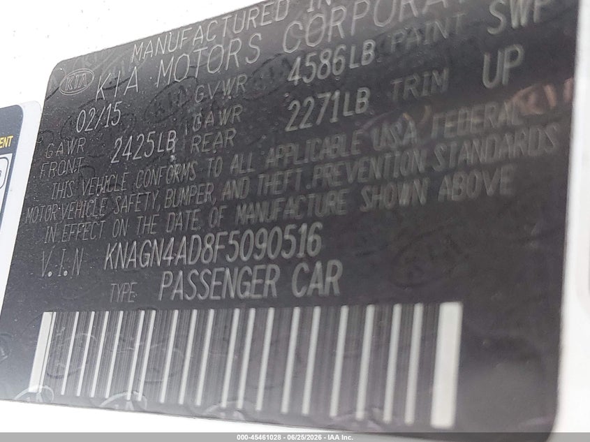 2015 Kia Optima VIN KNAGN4AD8F5090516 IAAI salvage auction — FRONT END, Salvage (Texas), sold $600 on 2026-07-28 (photo 9)