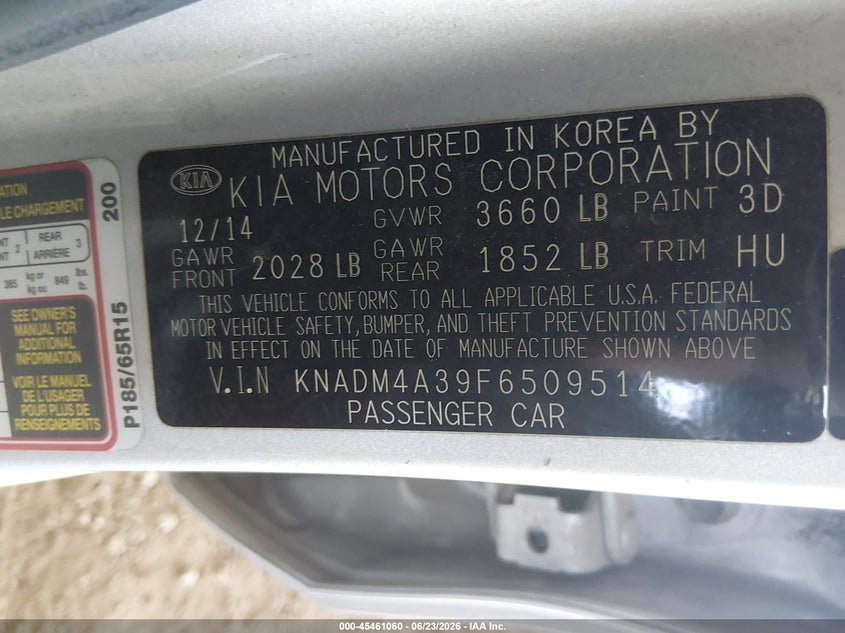 2015 Kia Rio VIN KNADM4A39F6509514 IAAI salvage auction — NORMAL WEAR, Clear-Dealer Only (Arizona), sold $325 on 2026-07-28 (photo 9)