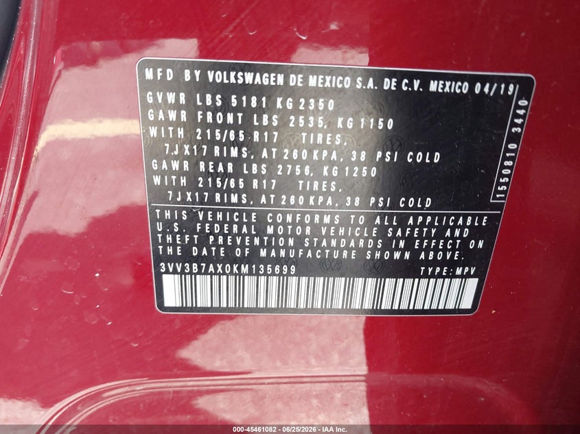 2019 Volkswagen Tiguan VIN 3VV3B7AX0KM135699 IAAI salvage auction — LEFT FRONT, Rebuildable (Florida), sold $3,450 on 2026-08-19 (photo 9)