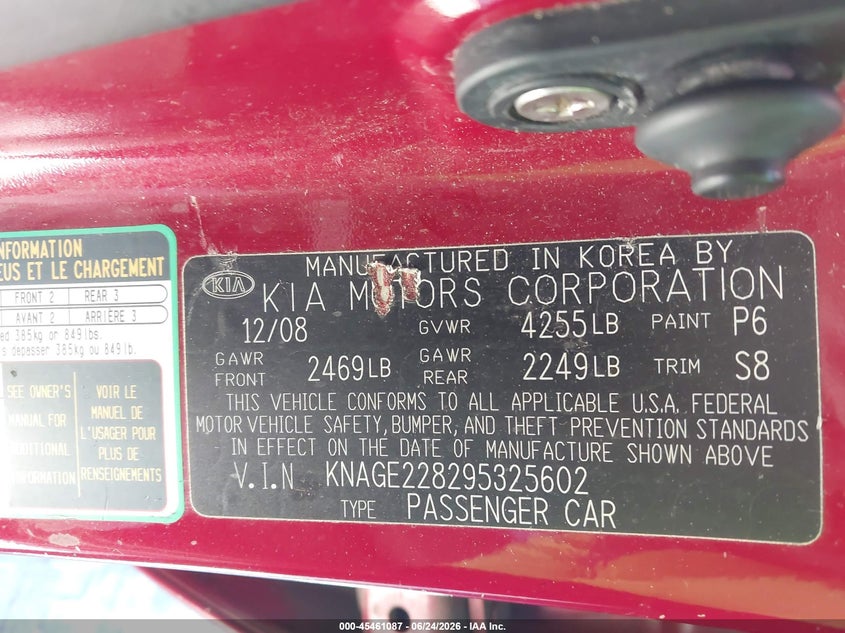 2009 Kia Optima VIN KNAGE228295325602 IAAI salvage auction — NORMAL WEAR, Repossession Paperwork (Georgia), sold $500 on 2026-07-17 (photo 9)