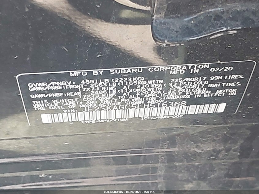 2020 Subaru Forester VIN JF2SKAGC5LH516368 IAAI salvage auction — FRONT END, Salvage (Indiana), sold $3,350 on 2026-07-31 (photo 9)