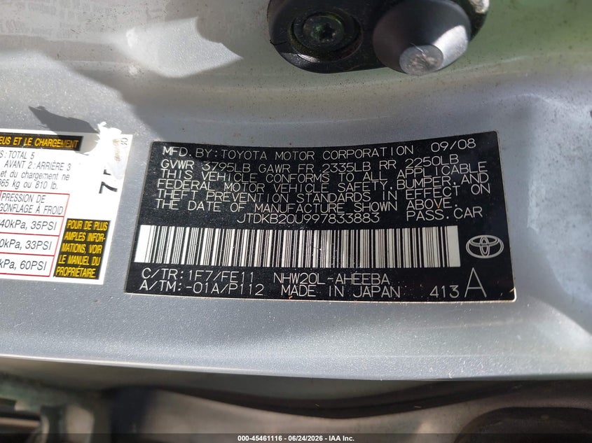 2009 Toyota Prius VIN JTDKB20U997833883 IAAI salvage auction — RIGHT FRONT, Salvage (North Carolina), sold $375 on 2026-07-13 (photo 9)