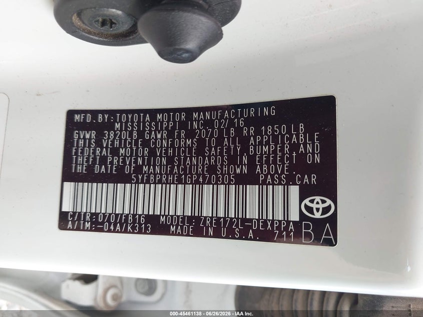 2016 Toyota Corolla VIN 5YFBPRHE1GP470305 IAAI salvage auction — FRONT END, Salvage (Tennessee), sold $3,350 on 2026-07-16 (photo 9)