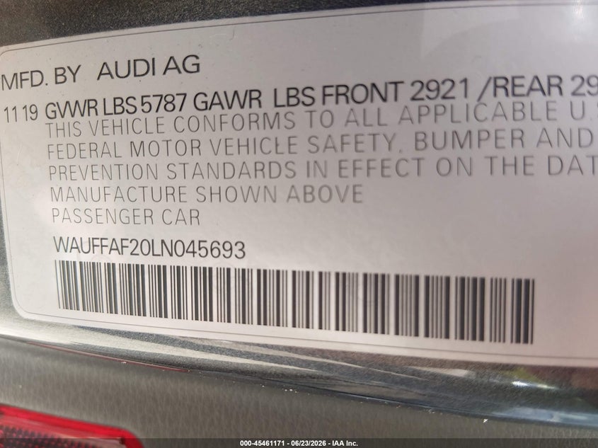 2020 Audi S6 VIN WAUFFAF20LN045693 IAAI salvage auction — HAIL, Clear Claim Paid (Wisconsin), sold $23,950 on 2026-07-29 (photo 9)