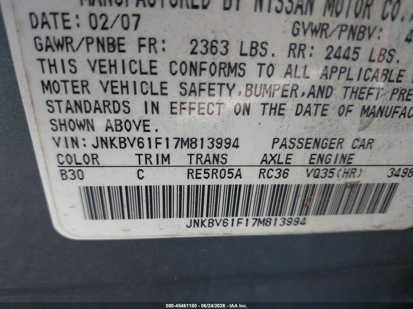 2007 Infiniti G35 VIN JNKBV61F17M813994 IAAI salvage auction — NORMAL WEAR, Salvage (Texas), sold $350 on 2026-07-28 (photo 9)