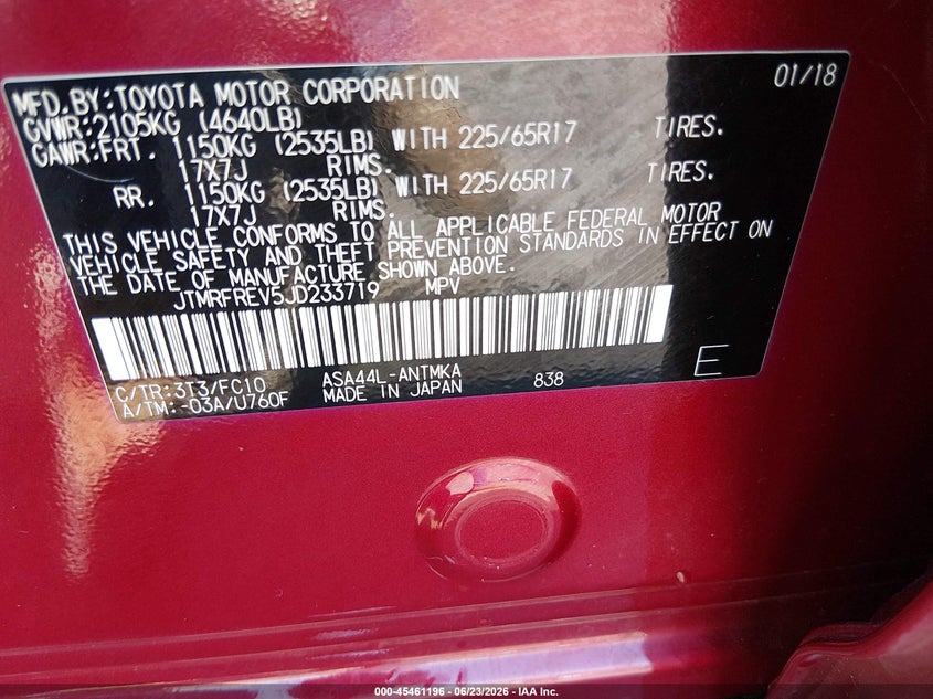 2018 Toyota VIN JTMRFREV5JD233719 IAAI salvage auction — REAR END, Salvage Title, sold $9,200 on 2026-08-01 (photo 9)
