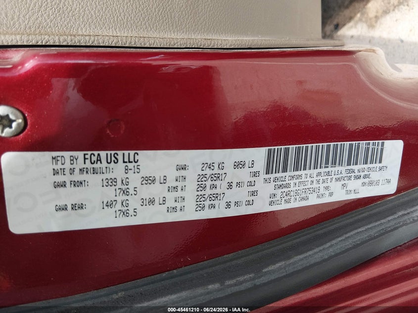 2015 Chrysler Town & country VIN 2C4RC1BG1FR753419 IAAI salvage auction — FRONT END, Salvage (Texas), sold $1,050 on 2026-07-22 (photo 9)