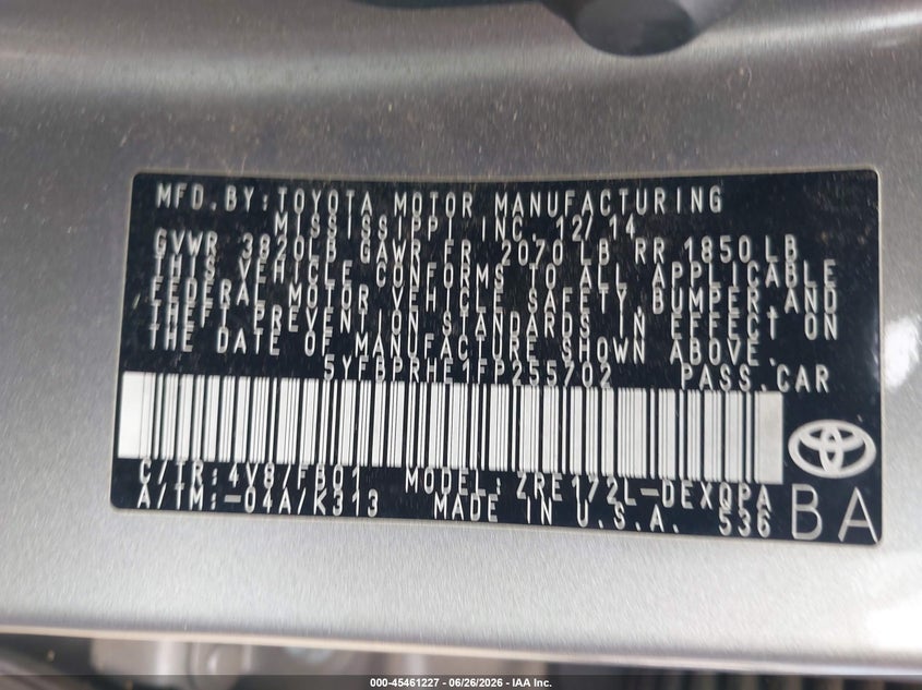 2015 Toyota Corolla VIN 5YFBPRHE1FP255702 IAAI salvage auction — NORMAL WEAR, Salvage Title - Dealer (California), sold $1,800 on 2026-07-08 (photo 9)