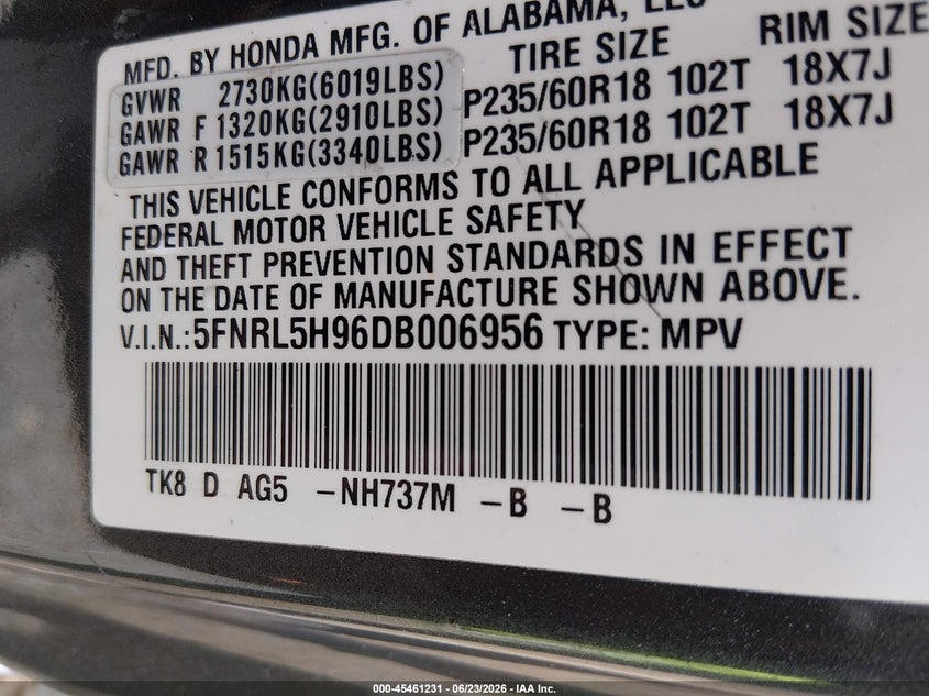 2013 Honda Odyssey VIN 5FNRL5H96DB006956 IAAI salvage auction — FRONT & REAR, Clear (Virginia), sold $1,200 on 2026-07-11 (photo 9)