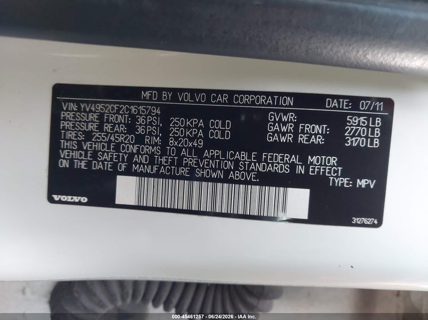 2012 Volvo Xc90 VIN YV4952CF2C1615794 IAAI salvage auction — NORMAL WEAR, Original (Texas), sold $950 on 2026-07-07 (photo 9)
