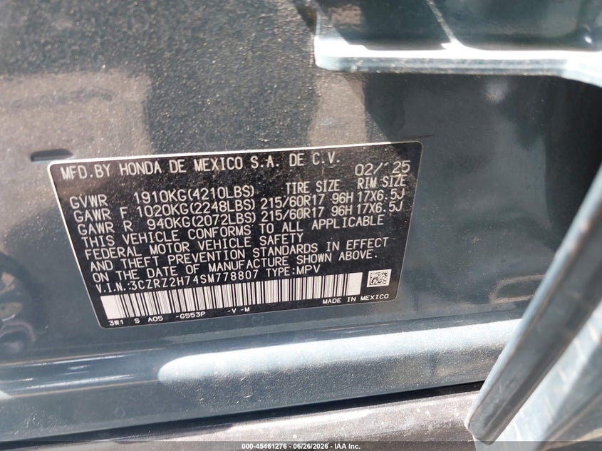 2025 Honda Hr-v VIN 3CZRZ2H74SM778807 IAAI salvage auction — RIGHT REAR, Salvage Title, sold $9,300 on 2026-08-19 (photo 9)