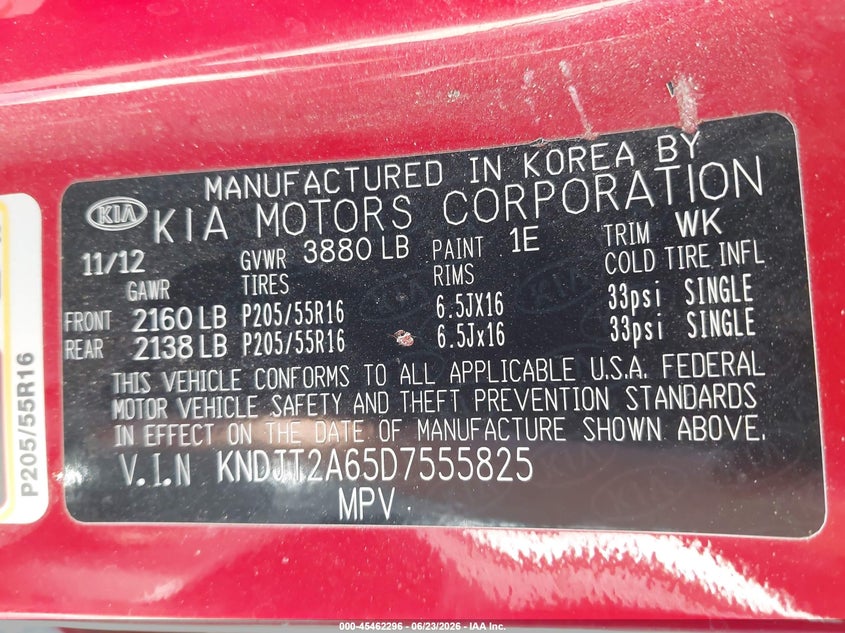 2013 Kia Soul VIN KNDJT2A65D7555825 IAAI salvage auction — NORMAL WEAR, Clear - Dealer Only (California), sold $400 on 2026-07-21 (photo 9)