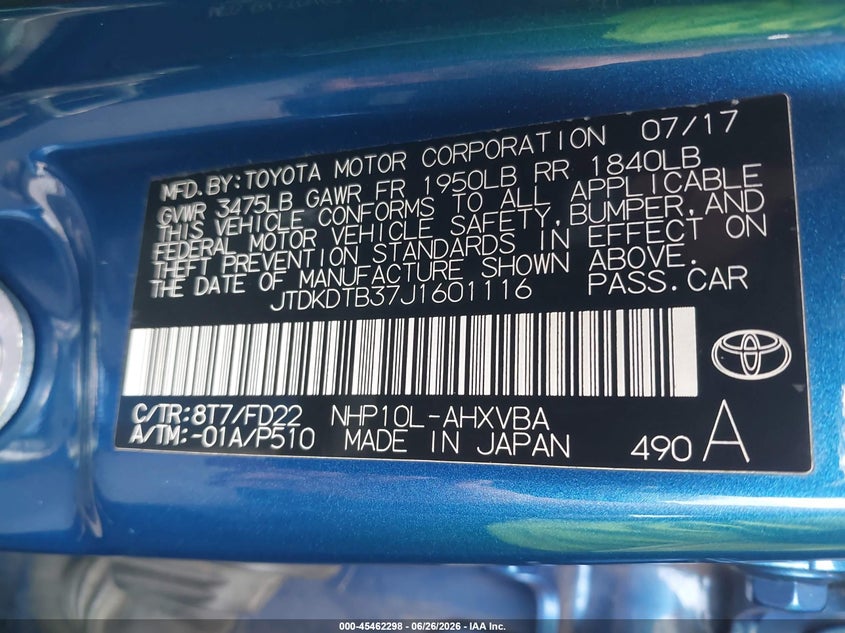 2018 Toyota Prius c VIN JTDKDTB37J1601116 IAAI salvage auction — LEFT SIDE, Salvage Title, sold $3,300 on 2026-07-17 (photo 9)