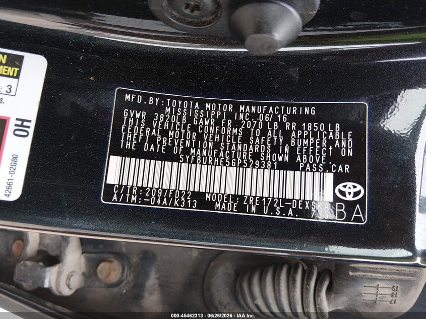 2016 Toyota Corolla VIN 5YFBURHE5GP529381 IAAI salvage auction — REAR END, Salvage (Ohio), sold $1,800 on 2026-07-22 (photo 9)