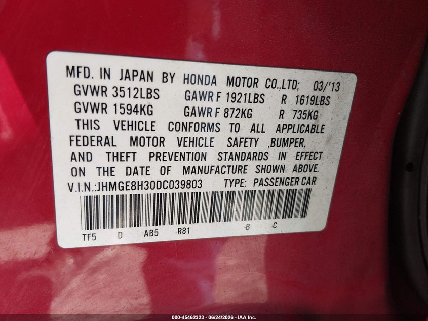 2013 Honda Fit VIN JHMGE8H30DC039803 IAAI salvage auction — FRONT END, Salvage Title, sold $800 on 2026-07-24 (photo 9)