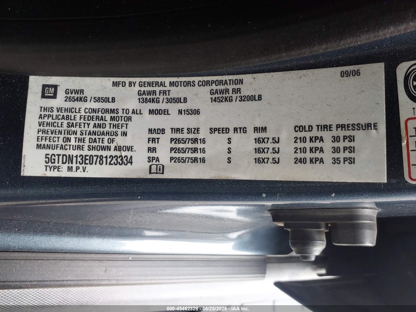 2007 Hummer H3 VIN 5GTDN13E078123334 IAAI salvage auction — NORMAL WEAR, Clear (New Jersey), sold $600 on 2026-07-06 (photo 9)