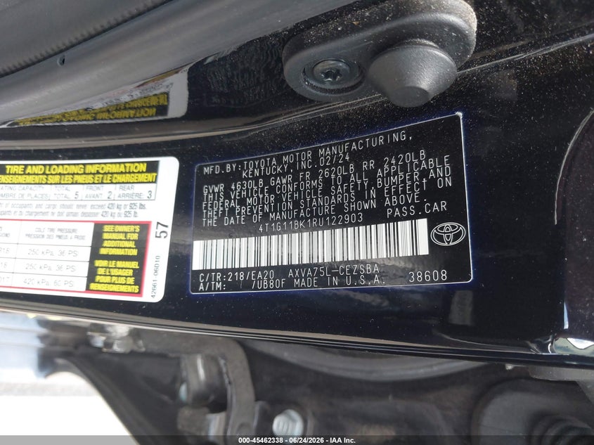 2024 Toyota Camry VIN 4T1G11BK1RU122903 IAAI salvage auction — SIDE, Salvage Certificate (California), sold $7,400 on 2026-07-31 (photo 9)