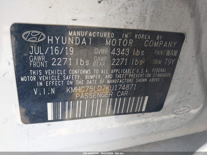 2019 Hyundai Ioniq VIN KMHC75LD7KU174871 IAAI salvage auction — FRONT END, Salvage Title, sold $1,600 on 2026-07-28 (photo 9)