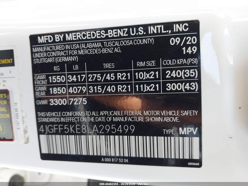 2020 Mercedes-benz Gls-klasse VIN 4JGFF5KE8LA295499 IAAI salvage auction — LEFT FRONT, Salvage (California), sold $15,400 on 2026-07-29 (photo 9)
