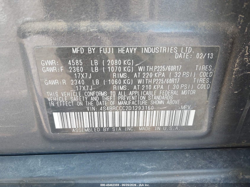 2013 Subaru Outback VIN 4S4BRCCC2D1293160 IAAI salvage auction — FRONT END, Salvage (Colorado), sold $25 on 2026-07-31 (photo 9)