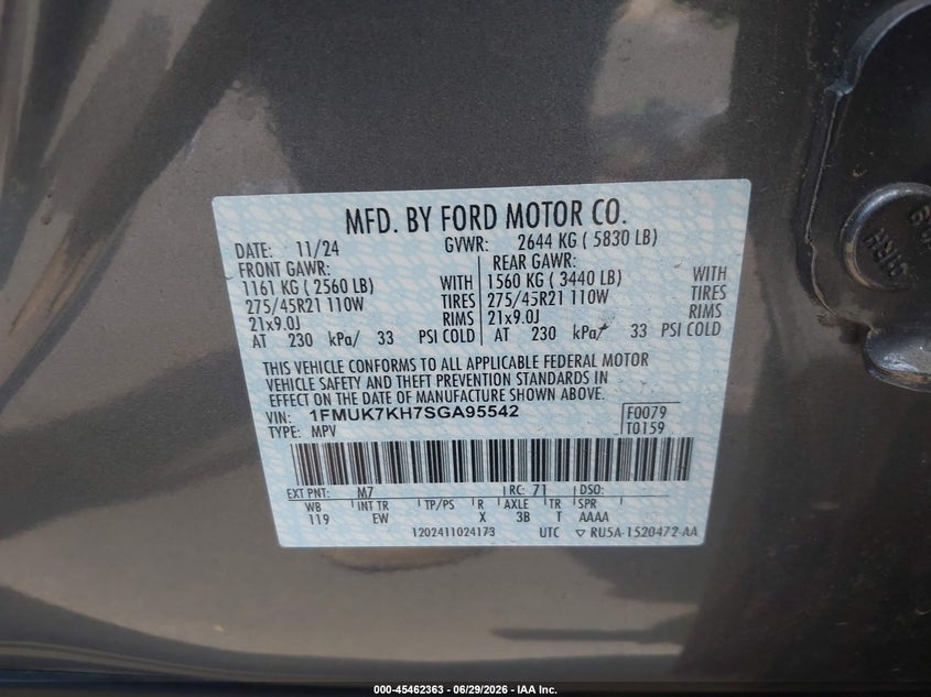 2025 Ford Explorer VIN 1FMUK7KH7SGA95542 IAAI salvage auction — FRONT END, Salvage (California), sold $11,700 on 2026-07-28 (photo 9)