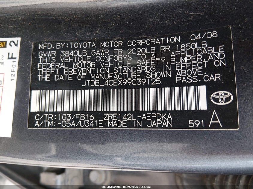 2009 Toyota Corolla VIN JTDBL40EX99039125 IAAI salvage auction — NORMAL WEAR, Clear (Louisiana), sold $1,100 on 2026-07-15 (photo 9)