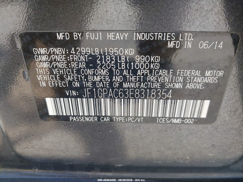 2014 Subaru Impreza VIN JF1GPAC63E8318354 IAAI salvage auction — RIGHT REAR, Salvage (California), sold $50 on 2026-07-23 (photo 9)