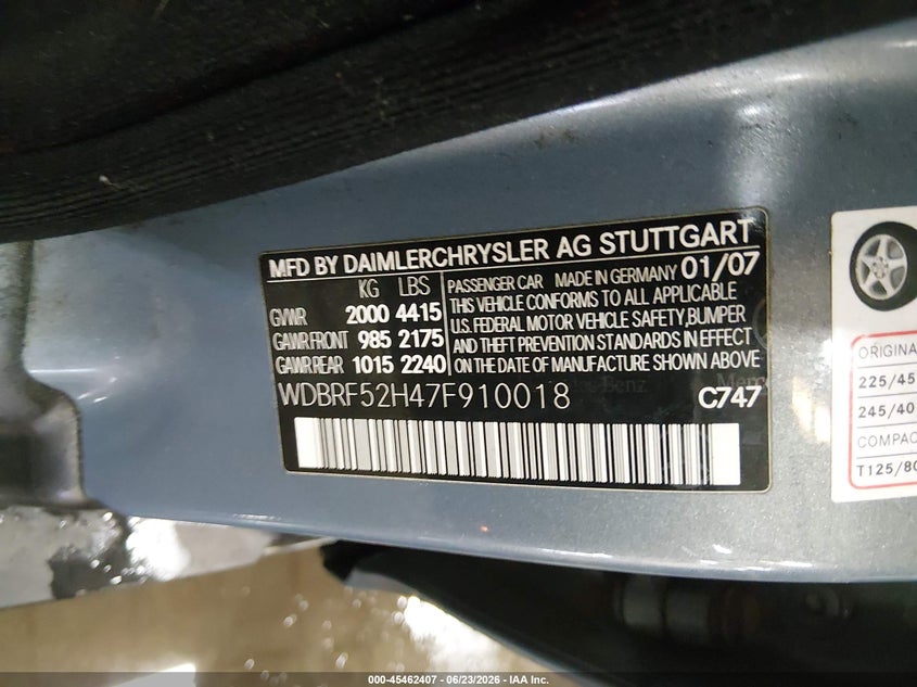 2007 Mercedes-benz C-klasse VIN WDBRF52H47F910018 IAAI salvage auction — FRONT END, Salvage (Idaho), sold $450 on 2026-08-07 (photo 9)