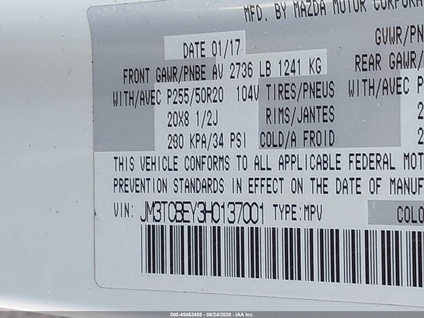 2017 Mazda Cx-9 VIN JM3TCBEY3H0137001 IAAI salvage auction — SIDE, Original (Texas), sold $4,750 on 2026-08-01 (photo 9)