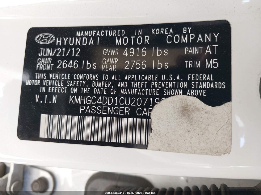 2012 Hyundai Genesis VIN KMHGC4DD1CU207192 IAAI salvage auction — REAR END, Salvage (California), sold $25 on 2026-07-29 (photo 9)