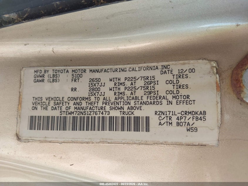 2001 Toyota Tacoma VIN 5TEWM72N51Z767473 IAAI salvage auction — NORMAL WEAR, Clear (Pennsylvania), sold $1,125 on 2026-07-21 (photo 9)