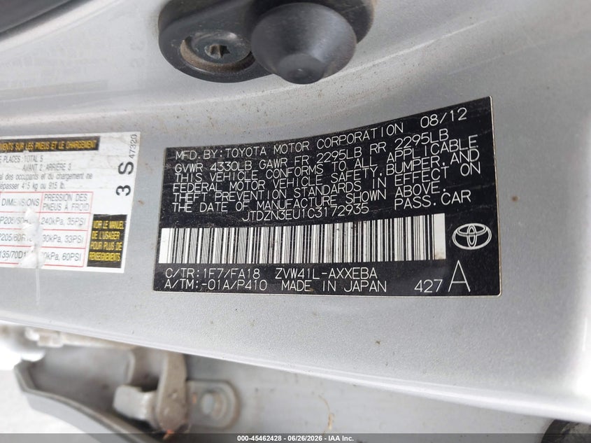 2012 Toyota Prius v VIN JTDZN3EU1C3172935 IAAI salvage auction — NORMAL WEAR, Clear - Dealer Only (California), sold $925 on 2026-07-13 (photo 9)