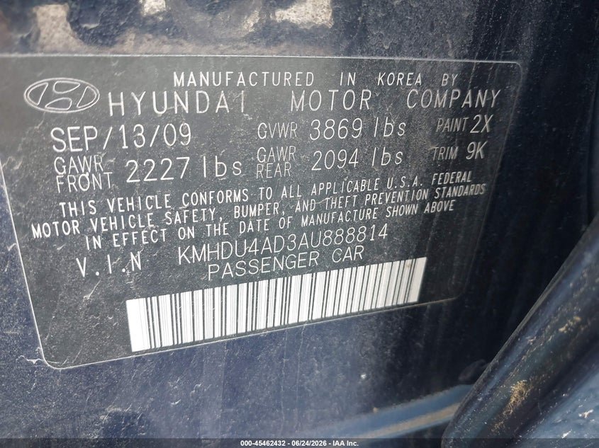 2010 Hyundai Elantra VIN KMHDU4AD3AU888814 IAAI salvage auction — NORMAL WEAR, Clear (New York), sold $325 on 2026-07-21 (photo 9)
