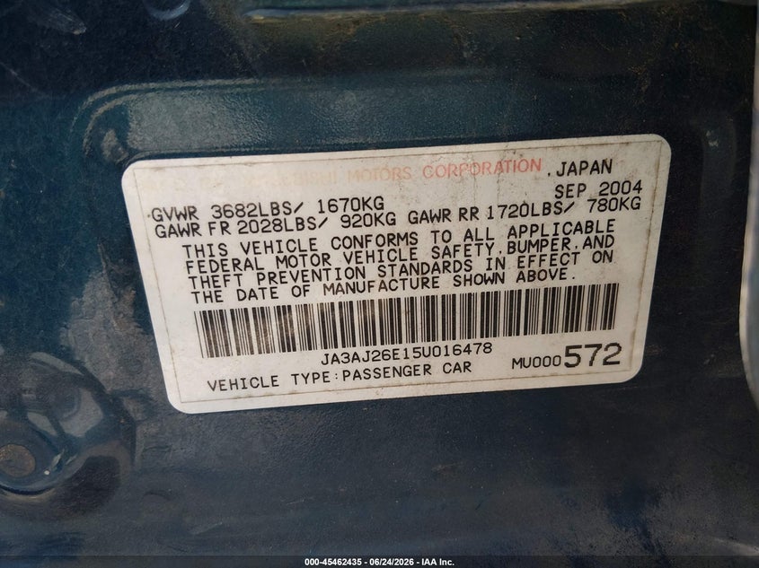 2005 Mitsubishi Lancer VIN JA3AJ26E15U016478 IAAI salvage auction — RIGHT FRONT, Bill Of Sale (Washington), sold $325 on 2026-07-22 (photo 9)