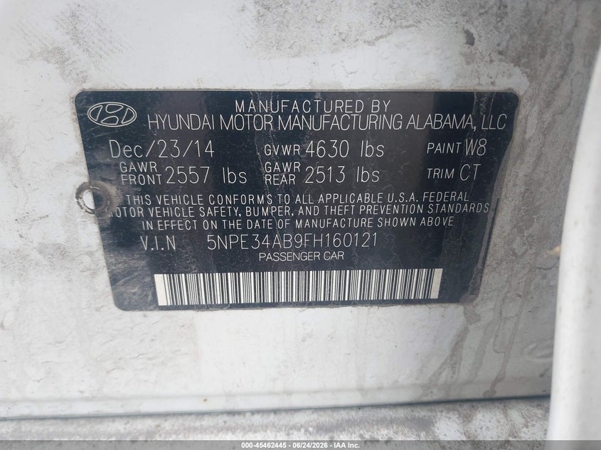 2015 Hyundai Sonata VIN 5NPE34AB9FH160121 IAAI salvage auction — NORMAL WEAR, Clear (Indiana), sold $425 on 2026-07-19 (photo 9)