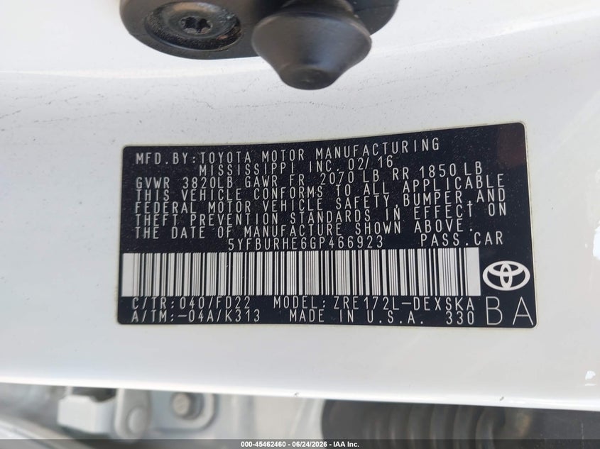 2016 Toyota Corolla VIN 5YFBURHE6GP466923 IAAI salvage auction — SIDE, Salvage (California), sold $2,950 on 2026-07-14 (photo 9)