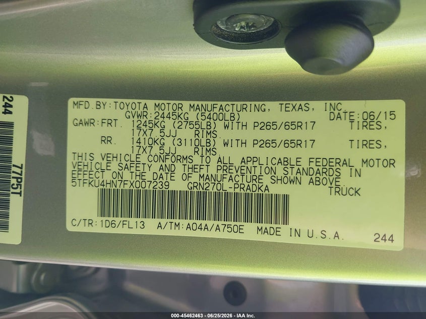 2015 Toyota Tacoma VIN 5TFKU4HN7FX007239 IAAI salvage auction — REAR END, Salvage (Georgia), sold $6,600 on 2026-07-23 (photo 9)