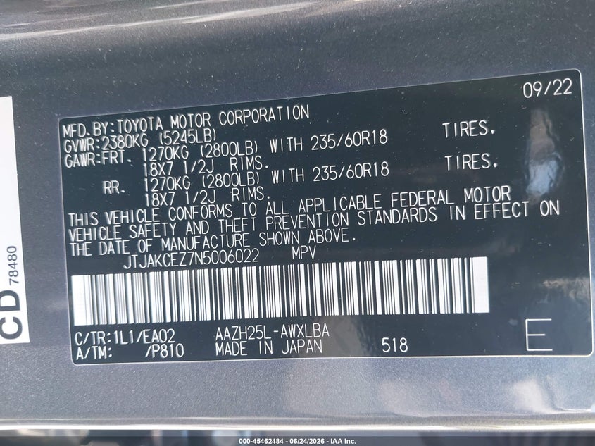 2022 Lexus Nx VIN JTJAKCEZ7N5006022 IAAI salvage auction — FRONT END, Salvage (California), sold $14,850 on 2026-07-15 (photo 9)