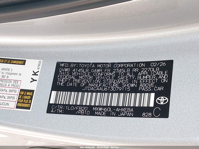 2026 Toyota Prius VIN JTDACAAU6T3079115 IAAI salvage auction — FRONT END, Bill Of Sale (Washington), sold $11,200 on 2026-07-22 (photo 9)