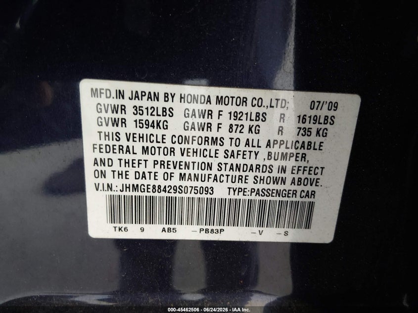 2009 Honda Fit VIN JHMGE88429S075093 IAAI salvage auction — FRONT END, Bill Of Sale (Washington), sold $800 on 2026-07-24 (photo 9)