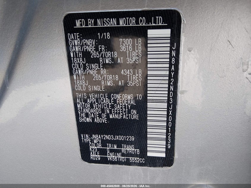 2018 Nissan Armada VIN JN8AY2ND3JX001239 IAAI salvage auction — LEFT FRONT, Salvage (Nevada), sold $4,700 on 2026-08-01 (photo 9)