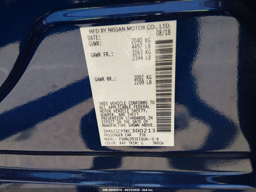 2019 Nissan Leaf VIN 1N4AZ1CP3KC300213 IAAI salvage auction — SIDE, Salvage (California), sold $3,100 on 2026-07-05 (photo 9)