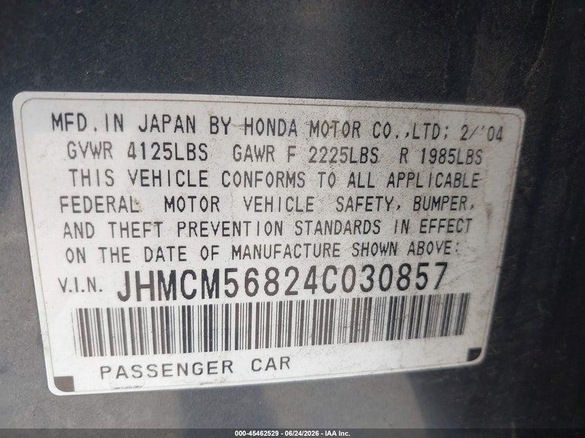 2004 Honda Accord VIN JHMCM56824C030857 IAAI salvage auction — REAR END, Salvage (California), sold $500 on 2026-07-14 (photo 9)