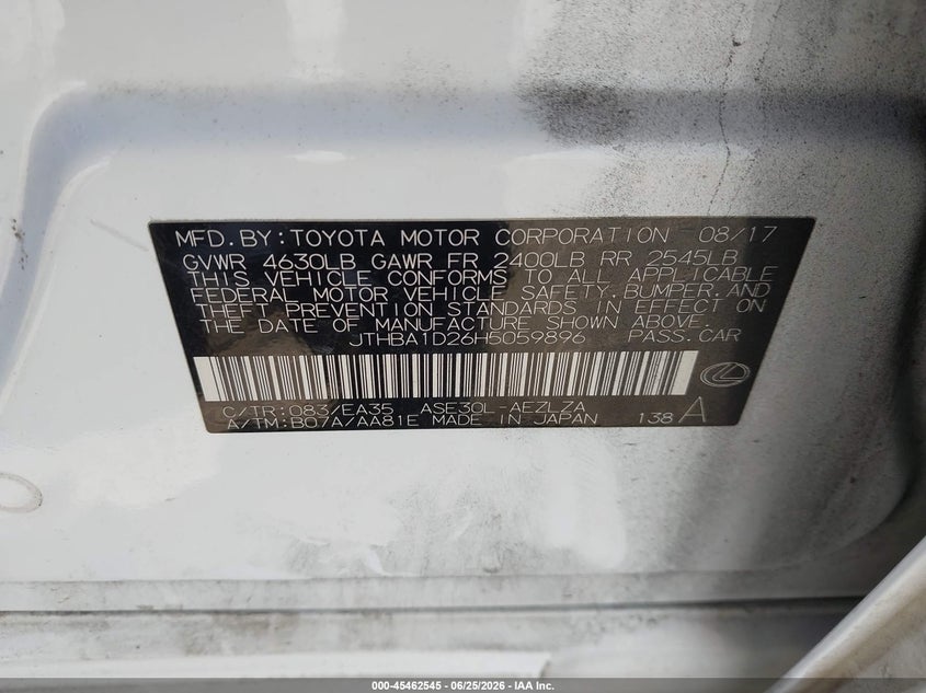 2017 Lexus Is VIN JTHBA1D26H5059896 IAAI salvage auction — FRONT END, Salvage (California), sold $2,000 on 2026-07-24 (photo 9)