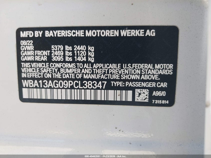 2023 BMW VIN WBA13AG09PCL38347 IAAI salvage auction — LEFT FRONT, Salvage Title, sold $16,500 on 2026-08-12 (photo 9)