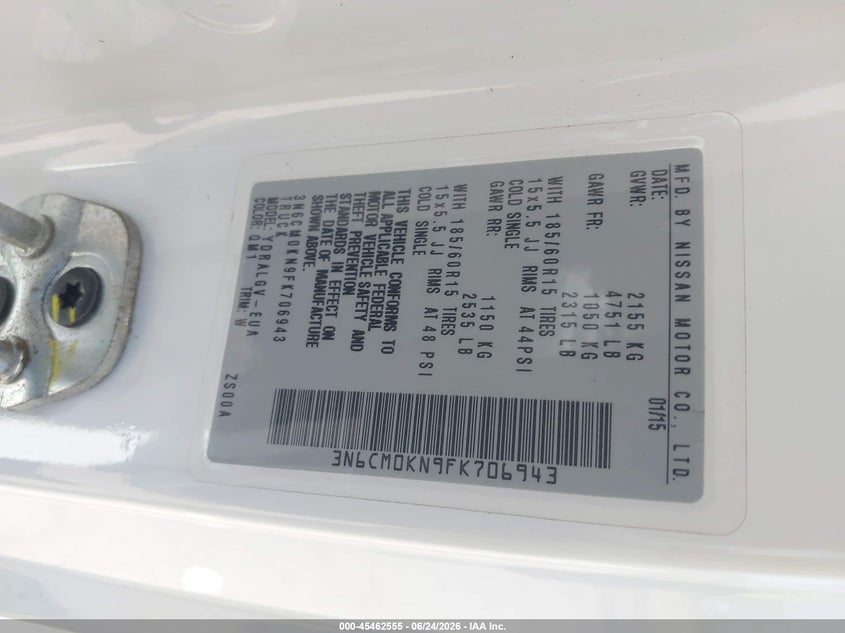 2015 Nissan Nv200 VIN 3N6CM0KN9FK706943 IAAI salvage auction — NORMAL WEAR, Clear-Dealer Only (Arizona), sold $1,650 on 2026-07-09 (photo 9)