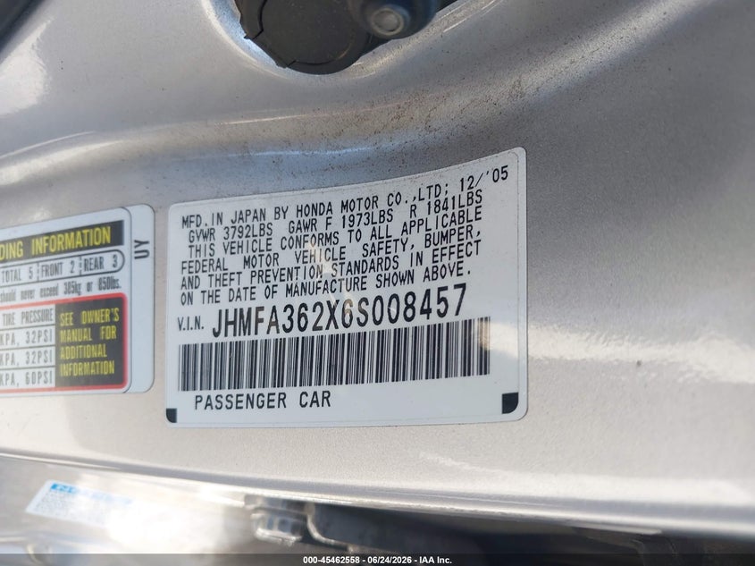2006 Honda Civic hybrid VIN JHMFA362X6S008457 IAAI salvage auction — LEFT REAR, Clear - Dealer Only (California), sold $175 on 2026-07-15 (photo 9)